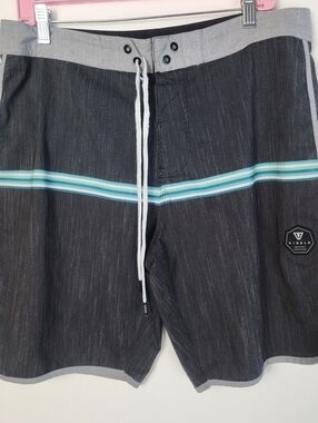 VISSLA Gray Blue Striped Drawstring Swim Board Shorts Beach Lake Swim